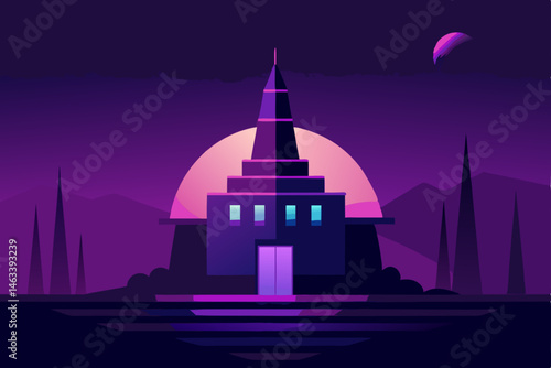 a tech cult s headquarters glowing deep purple 