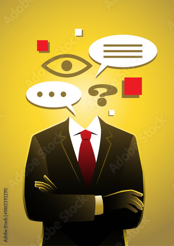 A faceless businessman with his head replaced by various speech bubbles, an eye symbol, and a question mark