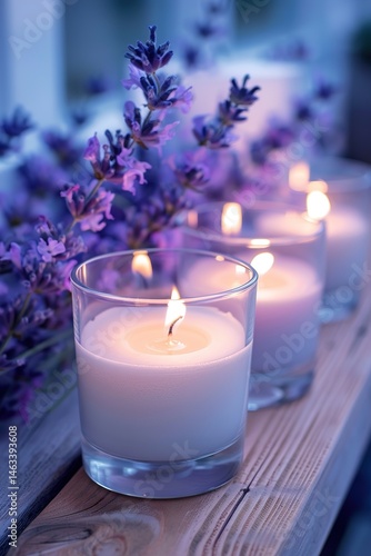 Lavender flowers and candles creating a peaceful and relaxing atmosphere on wood