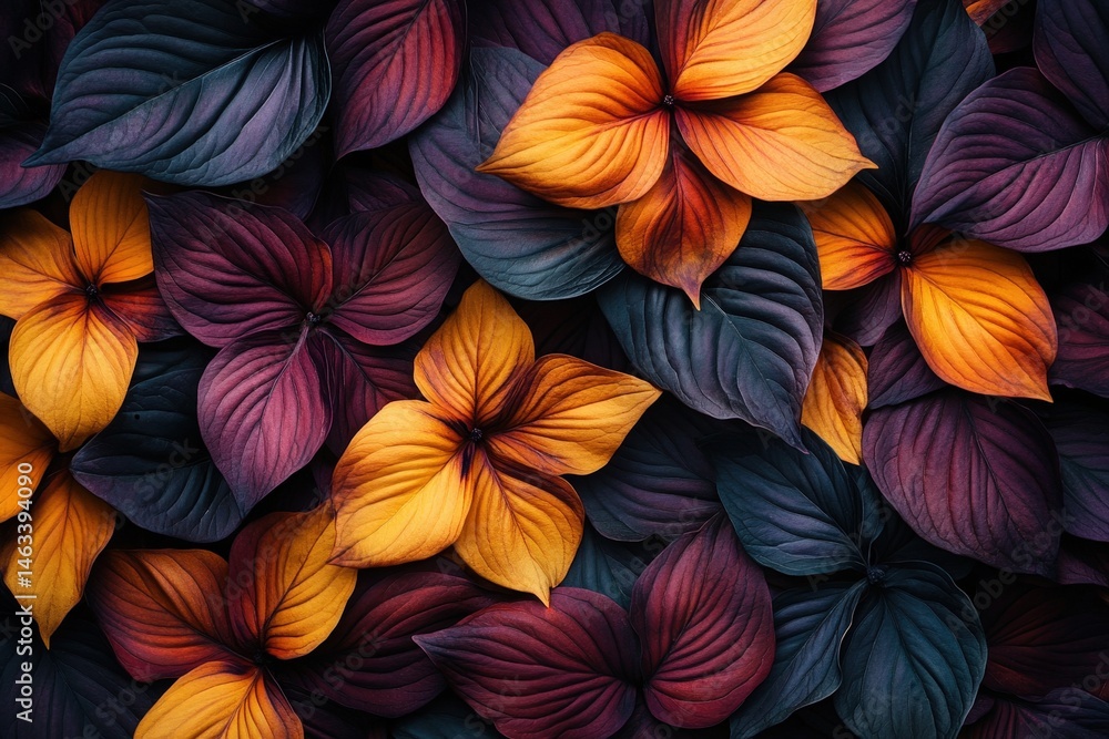 Vibrant autumnal foliage pattern of dark and warm colors. Vibrant autumnal foliage pattern of dark and warm colors.