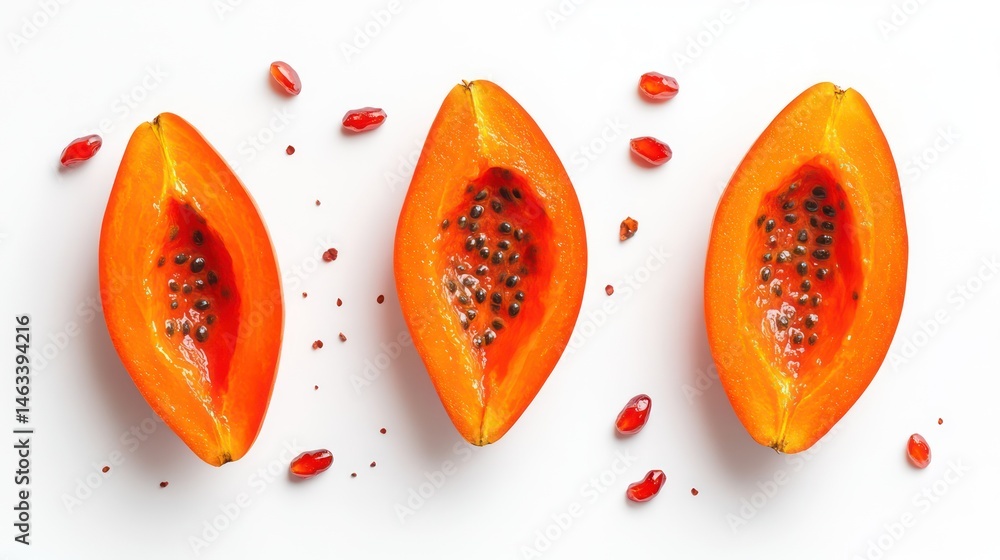 Papaya halves, seeds, pomegranate on white