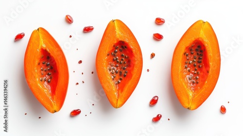 Obraz na płótnie Papaya halves, seeds, pomegranate on white w salonie