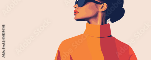 Stylish woman in orange sweater and sunglasses looking sideways against light background.