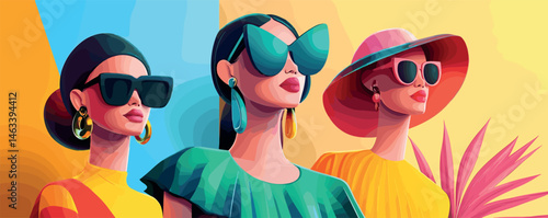 Three stylish women wearing colorful outfits and sunglasses in a vibrant, modern art style.