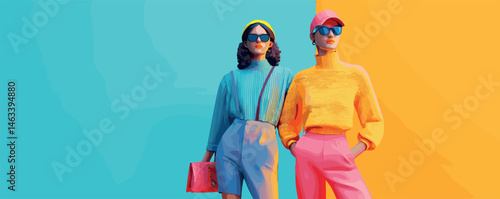 Stylish women in bright fashion: colorful outfits and sunglasses against a bold background.