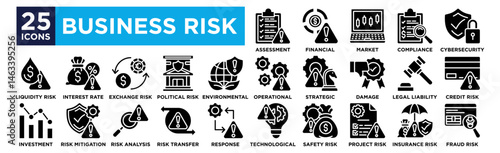 Bussiness risk icon collection set. Containing design ,risk assessment ,Financial Risk ,Market Volatility ,compliance audit ,Cybersecurity Threat