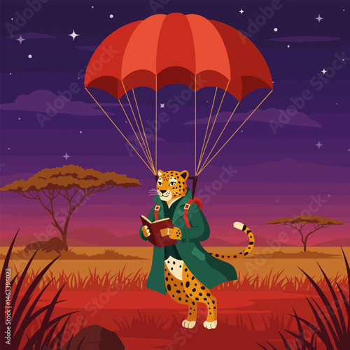 Leopard Parachuting and Reading a Book Over Savannah Landscape