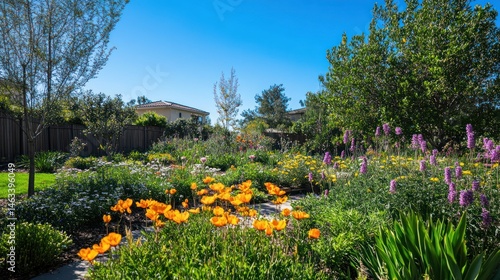 Serene suburban garden overflowing with colorful wildflowers under azure sky