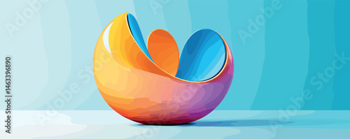Abstract colorful sculpture with blue and orange petals on light background.