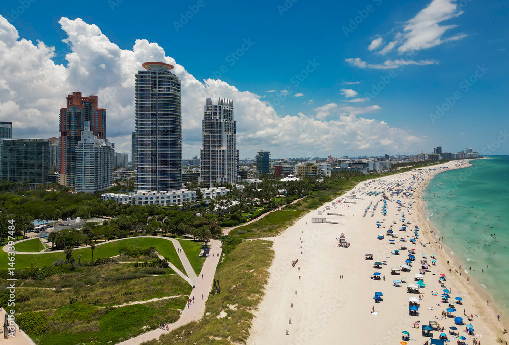Top view of South Miami. Scenic drone view of Miamis famous coastline. Miami skyline with skyscrapers. Aerial view of Miami in summer. Miami shore with skyscrapers.