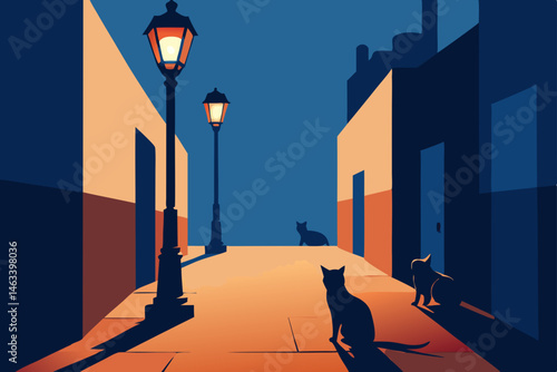 alley full of cats lounging under a flickering 