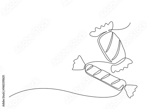Sweet Candy single outline illustration. Continuous line art drawing of candy for kids. Editable stroke.