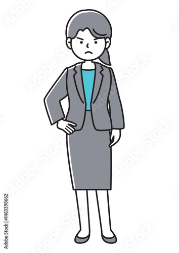 手を腰に当てて反対意見をアピールするスーツの女性の正面向きベクターイラスト
