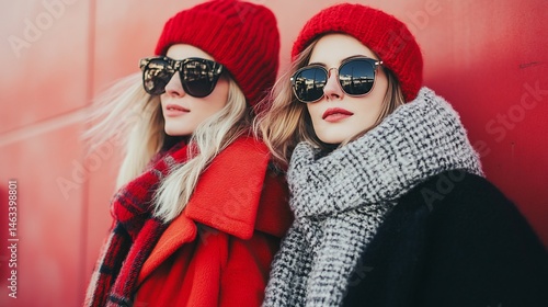 Stylish women wearing winter outfits against a bold red backdrop