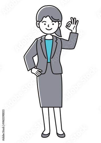 指でOKマークを作るスーツの女性の正面向きベクターイラスト