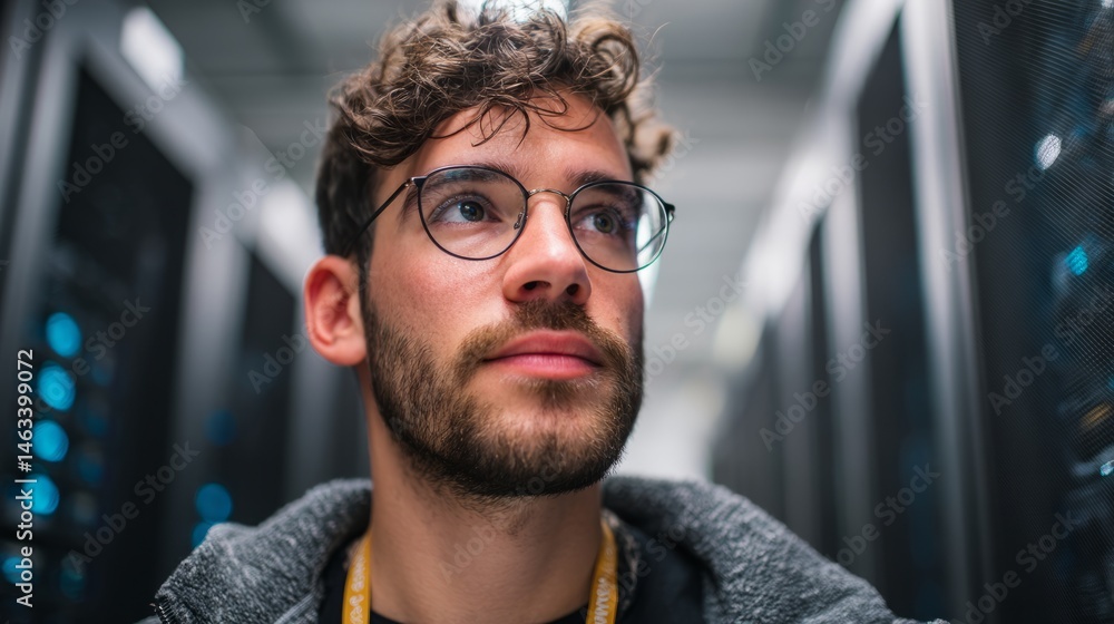 Fototapeta premium Young engineer in a server room, focused on technology and innovation. 