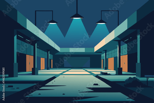 an abandoned mall lit by malfunctioning emergency 