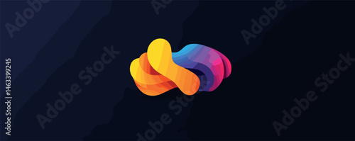 Colorful abstract 3d shape on dark background featuring vivid gradient.