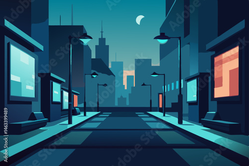 an eerie quiet business district with flickering 