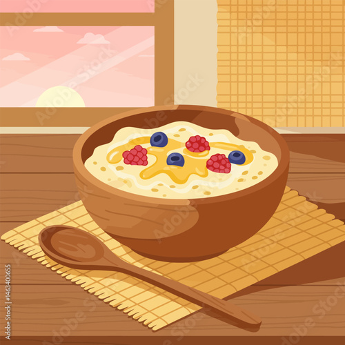 Bowl of Oatmeal with Berries and Honey, Served with Spoon