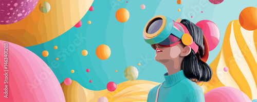 Woman in virtual reality headset experiencing colorful digital world with abstract shapes.
