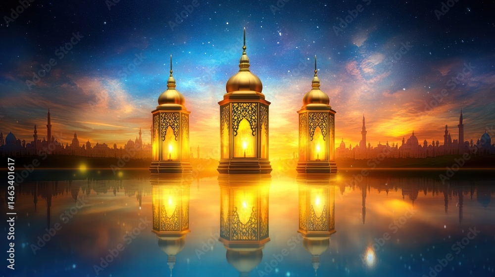 Naklejka premium Ramadan Nights: Golden Lanterns Reflecting on Serene Waters