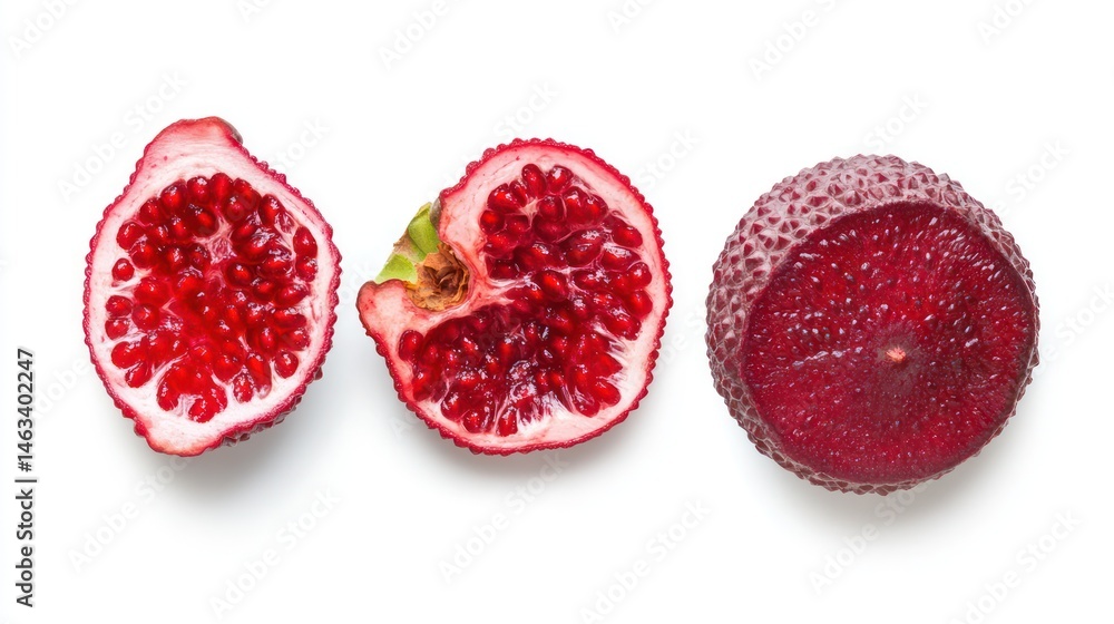 Pomegranate slices, top view, white background