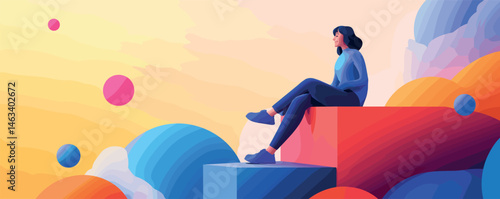 Young woman relaxing on colorful geometric shapes, dreaming in vibrant abstract landscape.