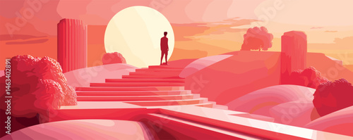 Silhouette of person at sunset on abstract pink landscape with steps and trees.