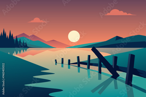 broken wooden fence in flooded meadow  