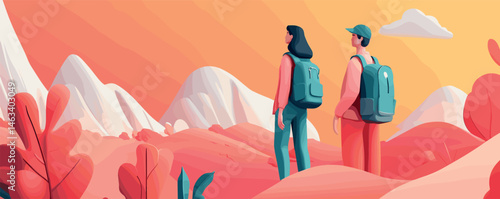 Couple hiking in vibrant mountain landscape at sunset.