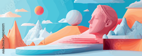 Surreal landscape with monumental face and fantasy mountains under a vibrant sky.