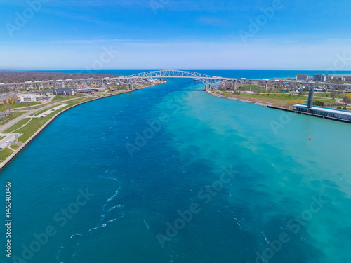 Blue Water Bridge is an international bridge across the St. Clair River links Port Huron, Michigan, USA (left) and Point Edward, Ontario, Canada (right). 