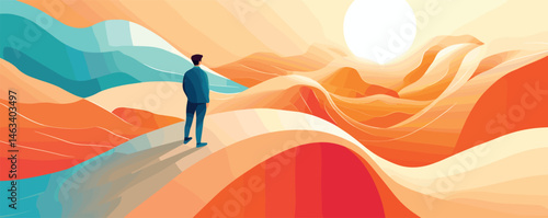 Man in suit gazing at abstract vibrant landscape with sun in colorful surreal desert scene.