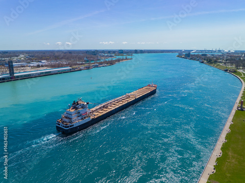 Obraz na płótnie Bulk carrier sailed on St. Clair River aerial view. This river divided Port Huron, Michigan, USA (right) and Point Edward, Ontario, Canada (left). w salonie