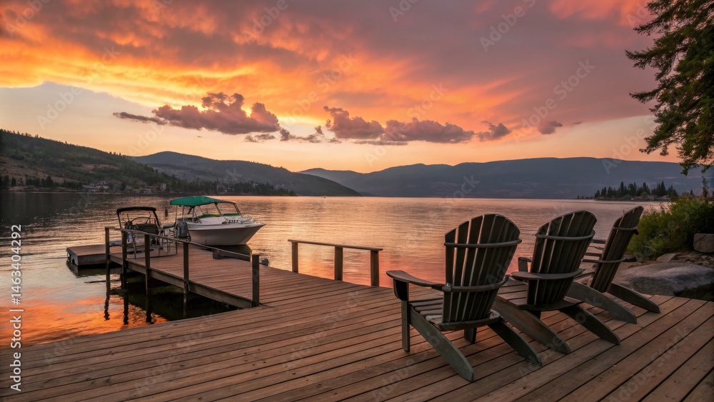 Sunset Lake Dock Scene Three Adirondack Chairs, Boat, Fiery Sky, Mountain View, Landscape Photography Lake, Sunset Sunset Lake Dock Scene Three Adirondack Chairs, Boat, Fiery Sky, Mountain View, Landscape Photography Lake, Sunset