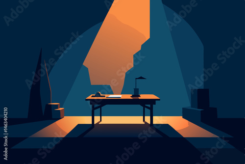 cave office with natural stone desk and firelight 