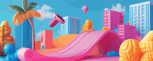Surreal vibrant cityscape with pink slide and floating vr headset.