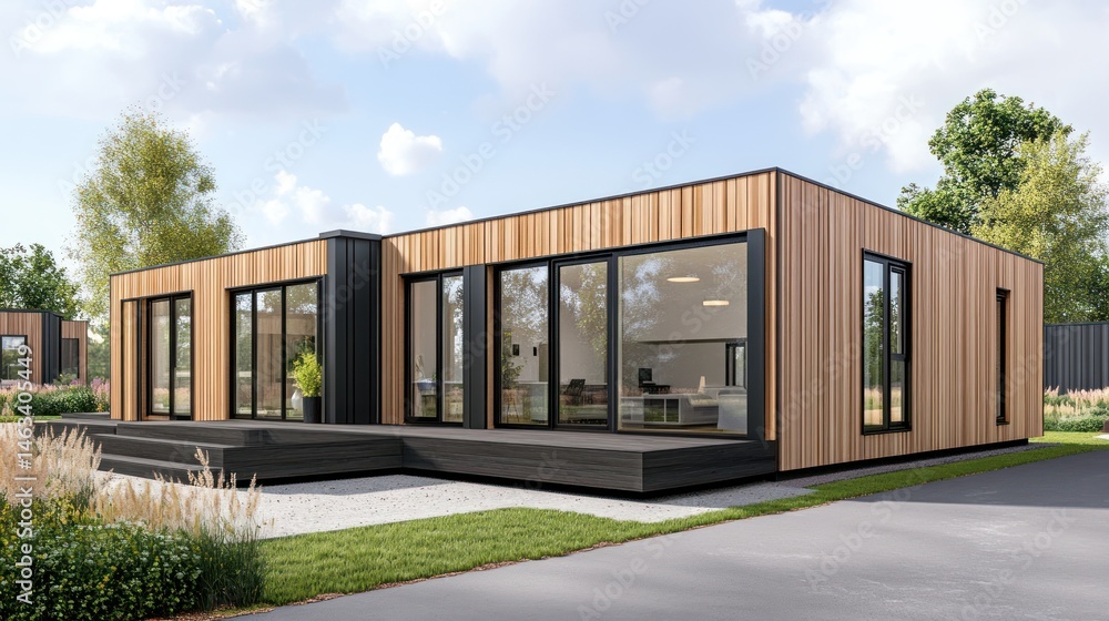 Fototapeta premium Modern sustainable house design wood and glass exterior
