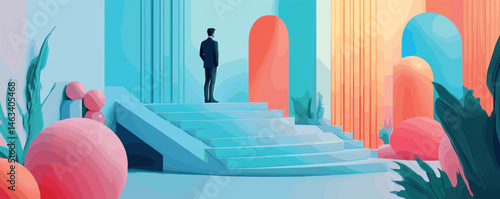 Contemplative man in abstract vivid space with colorful geometric shapes and stairs.