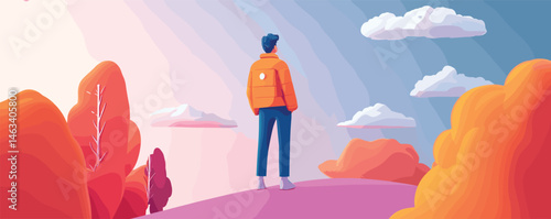 Man in orange jacket standing on colorful hill with autumn trees and clouds in vibrant landscape.