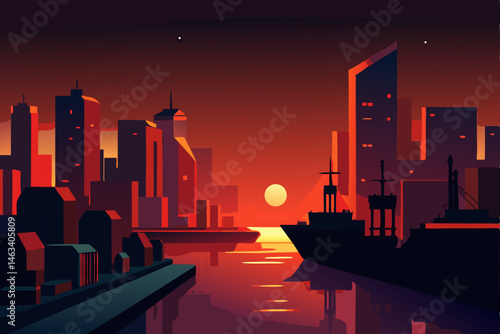 city docks at night with cargo ships lit in eerie .svg