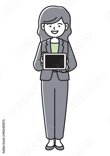 タブレット端末を持って画面を見せるスーツの女性の正面向きベクターイラスト