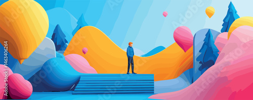 Vibrant landscape with man in colorful surreal environment featuring hot air balloons and hills.