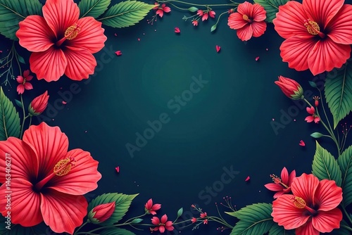 Bold hibiscus motifs, geometric arrangement, sharp details , abstract, graphic