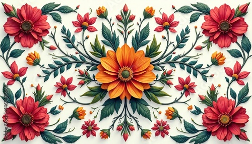 Intricate floral motif, symmetrical arrangement, design, delicate, summer