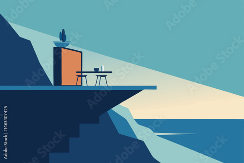 cliffside office with open air desk overlooking 