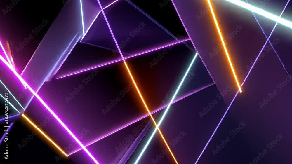 Abstract Neon Geometry: A vibrant display of intersecting neon light, in an abstract composition that exudes a futuristic and dynamic feel. Lines, angles.