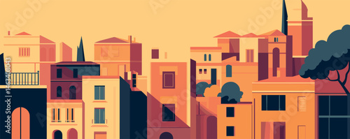 Colorful geometric cityscape with warm tones in urban setting.