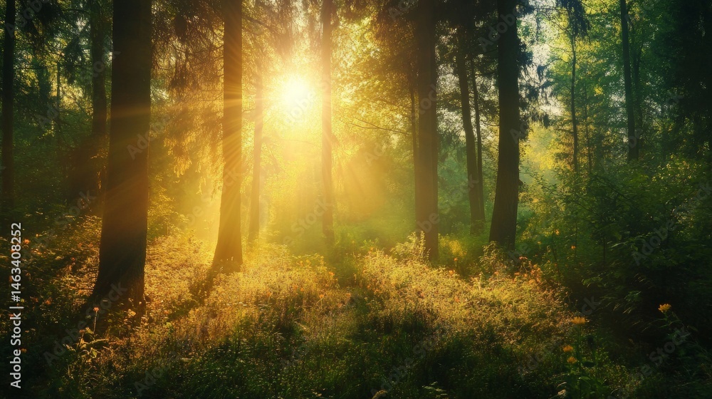 Sunrise through the trees in a misty forest. Sunrise through the trees in a misty forest.